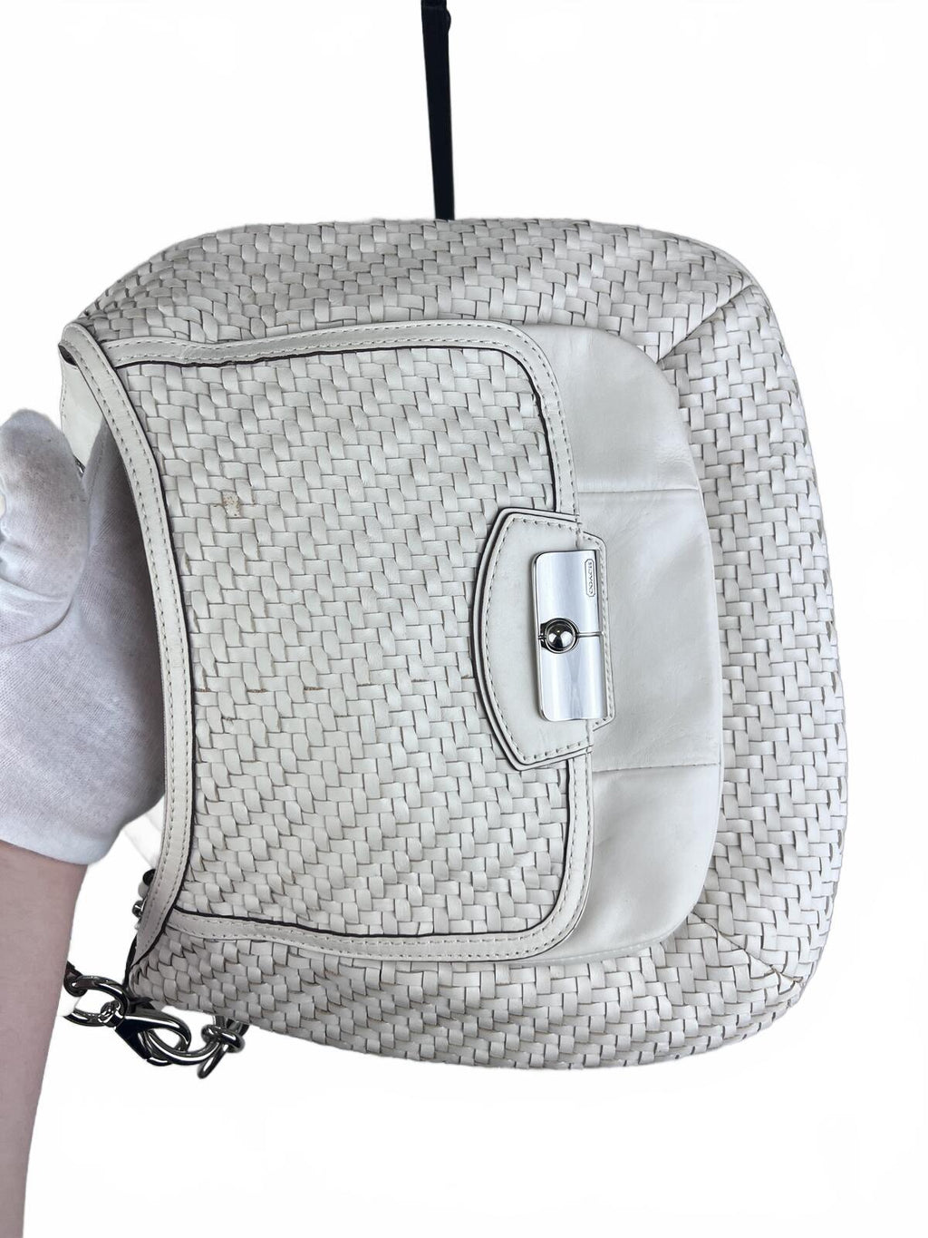 White Coach Kristin Woven Leather Hobo Shoulder Bag