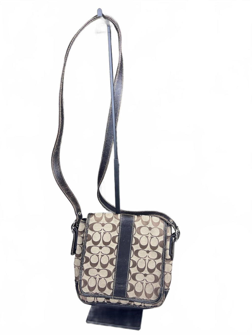 Black Leather Coach Signature Canvas Messenger Bag