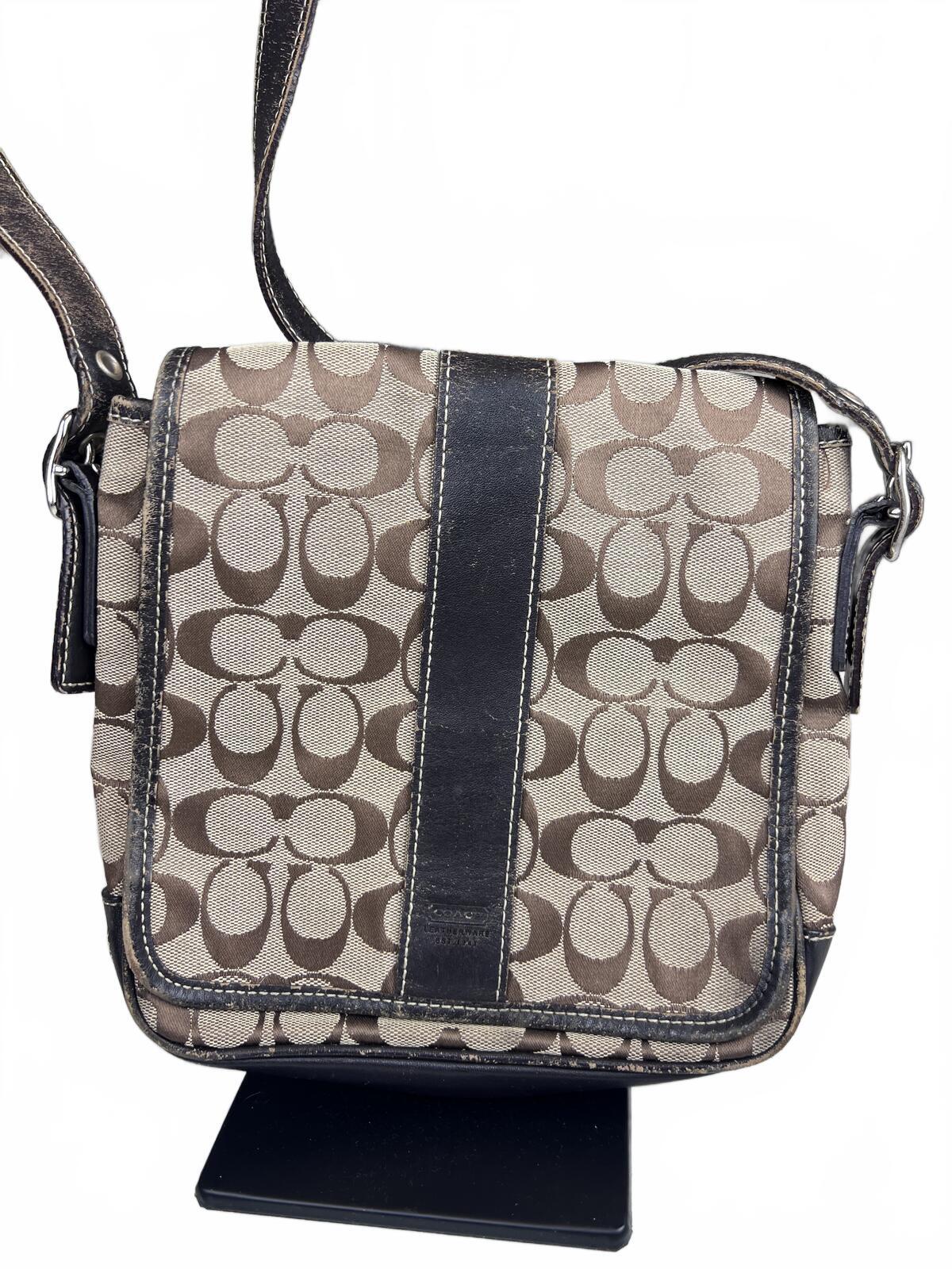 Black Leather Coach Signature Canvas Messenger Bag