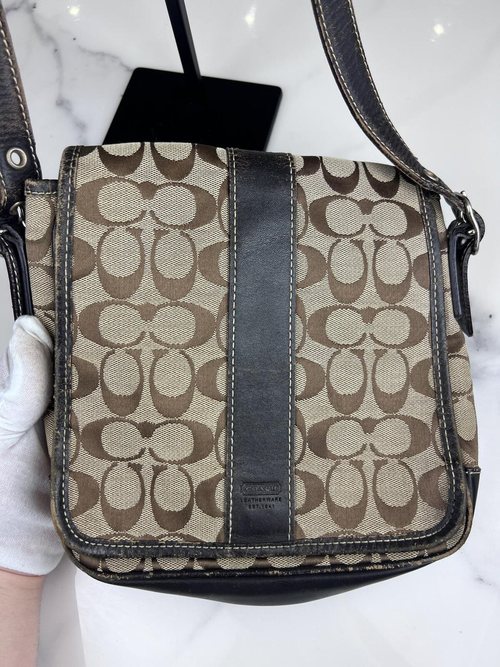 Black Leather Coach Signature Canvas Messenger Bag