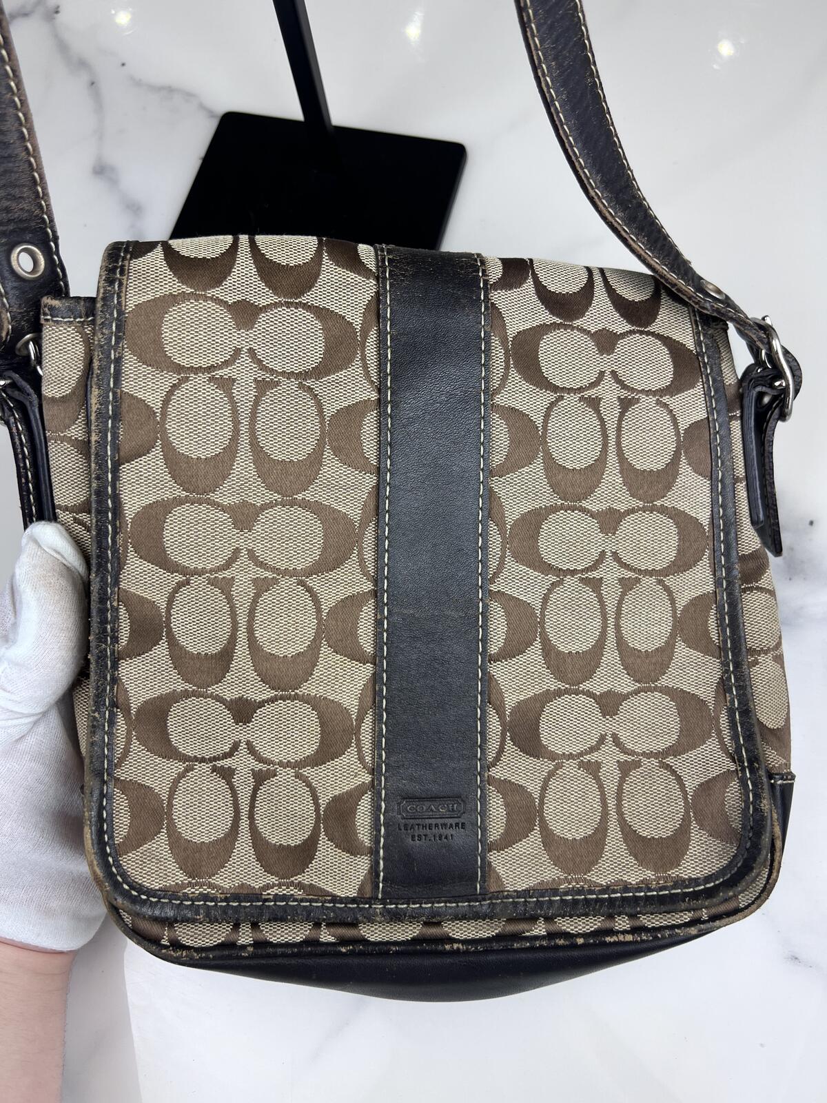 Black Leather Coach Signature Canvas Messenger Bag
