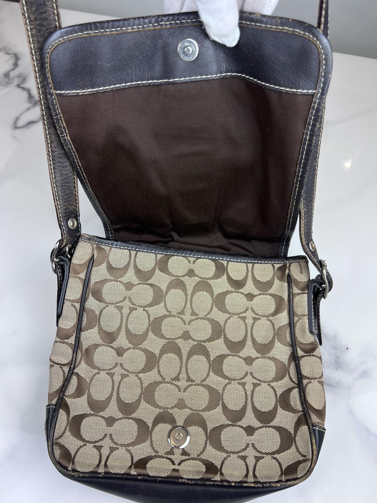 Black Leather Coach Signature Canvas Messenger Bag