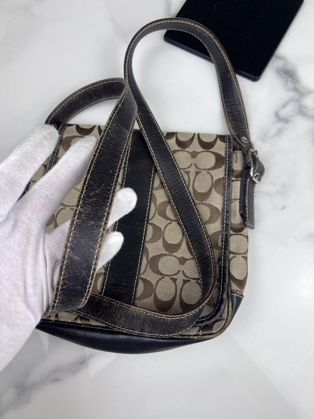 Black Leather Coach Signature Canvas Messenger Bag