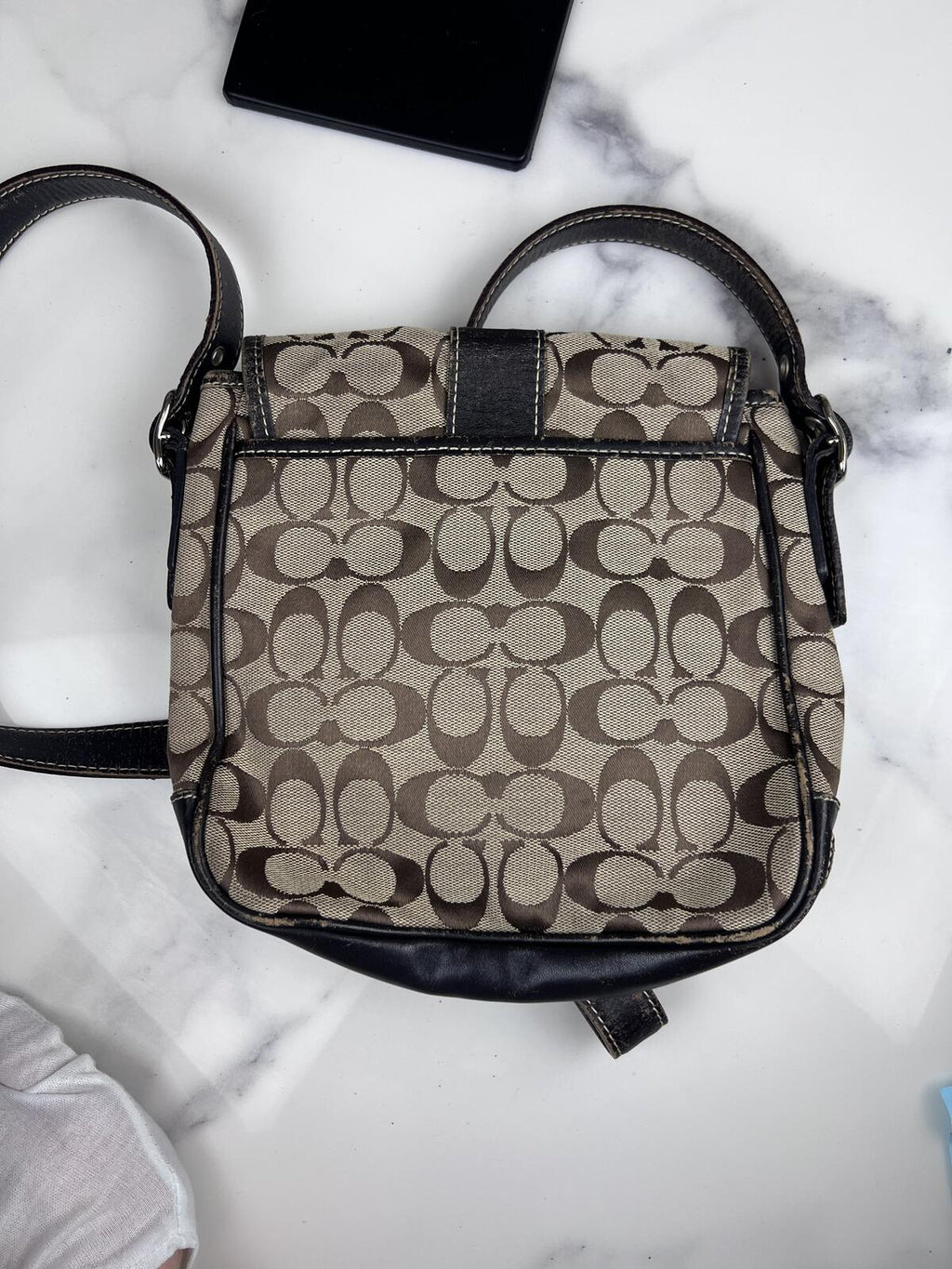 Black Leather Coach Signature Canvas Messenger Bag