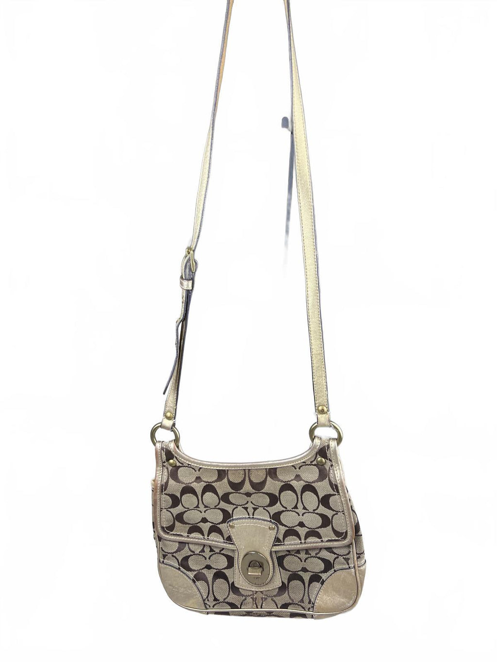 Coach Monogram Canvas Shouler Bag Gold Leather Trim