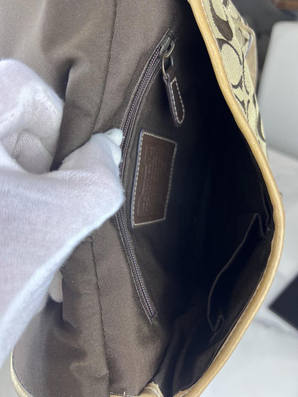 Coach Monogram Canvas Shouler Bag Gold Leather Trim