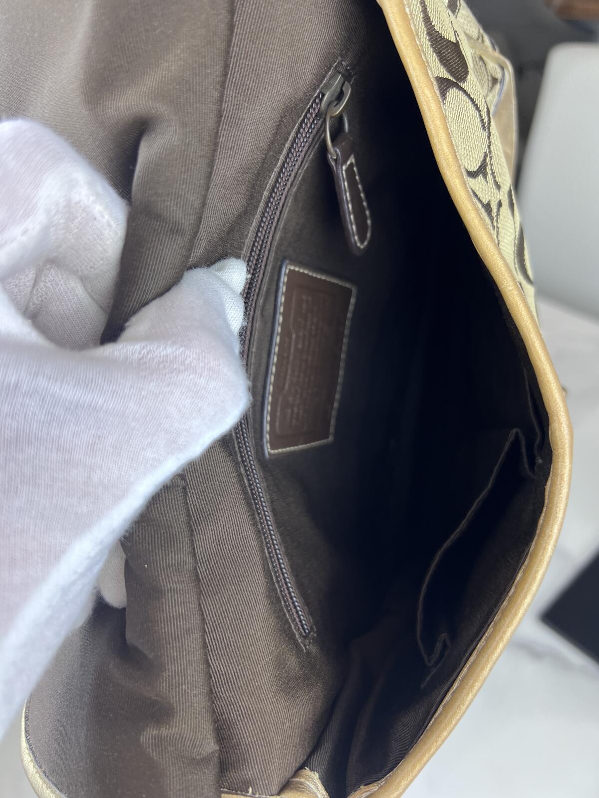 Coach Monogram Canvas Shouler Bag Gold Leather Trim