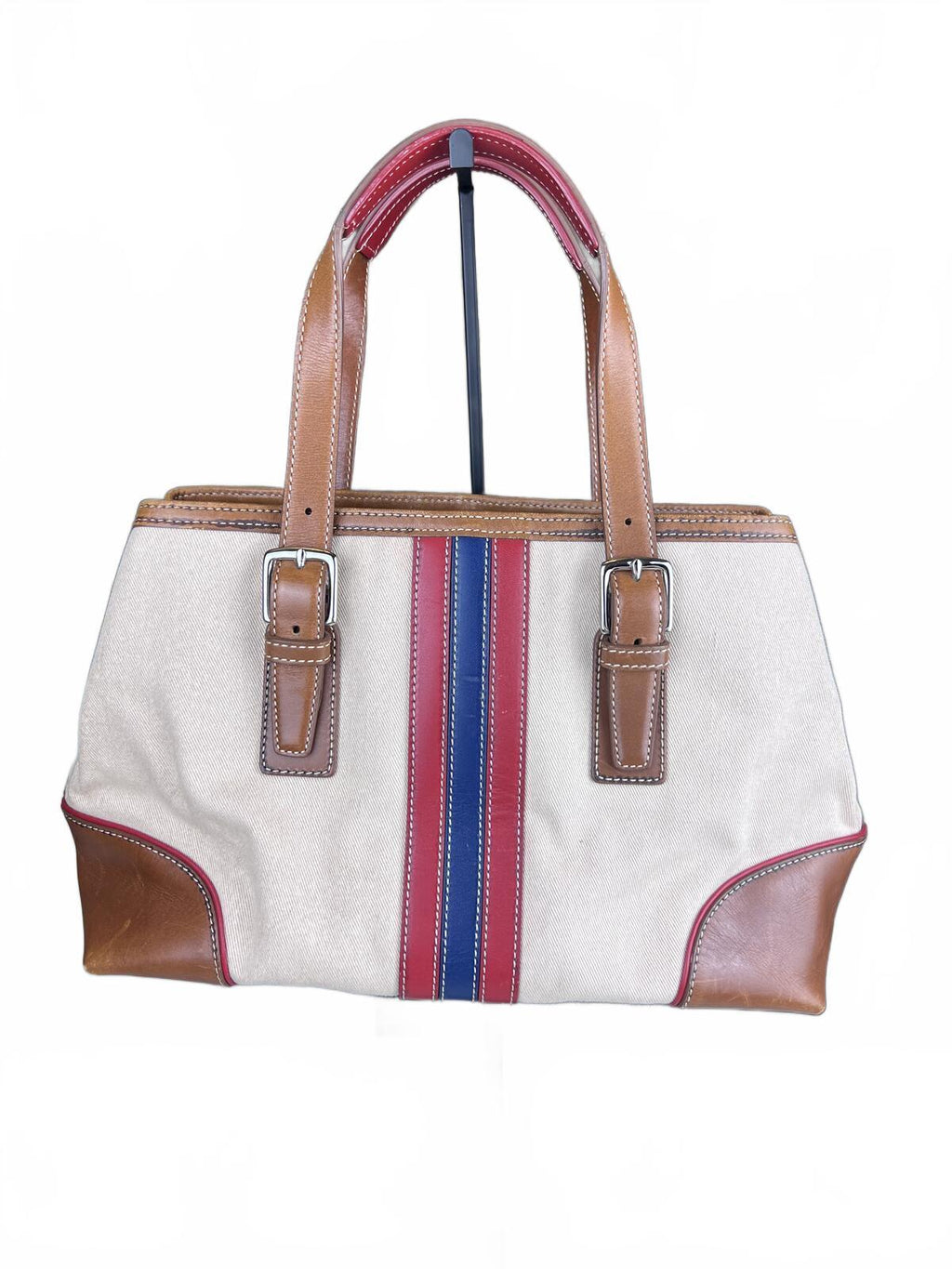 Coach Hampton Canvas Stripe Leather Tote Bag
