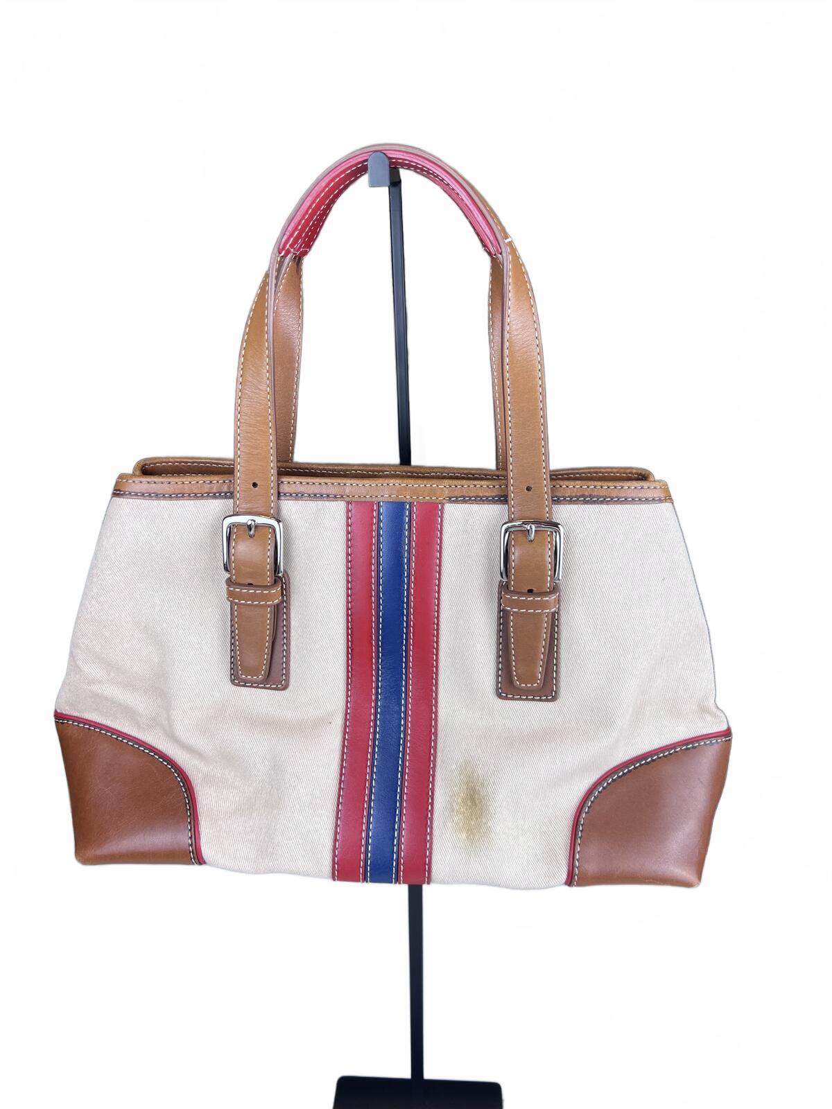 Coach Hampton Canvas Stripe Leather Tote Bag