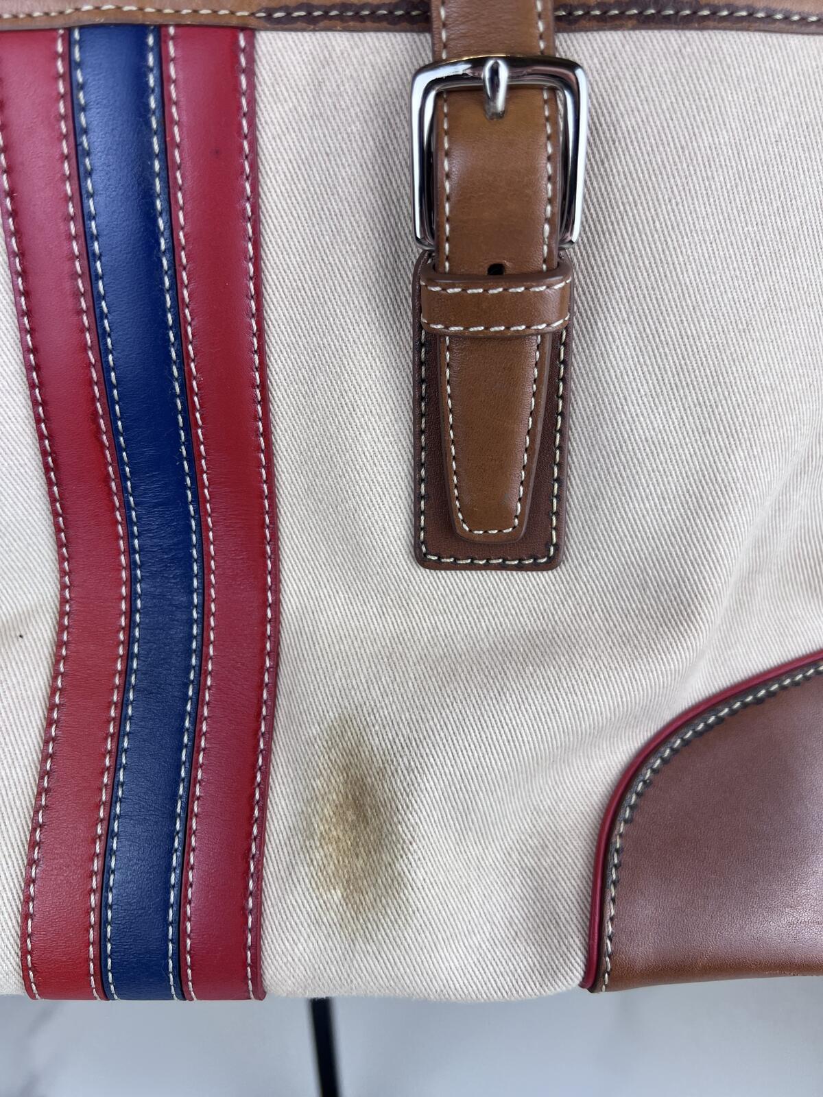 Coach Hampton Canvas Stripe Leather Tote Bag