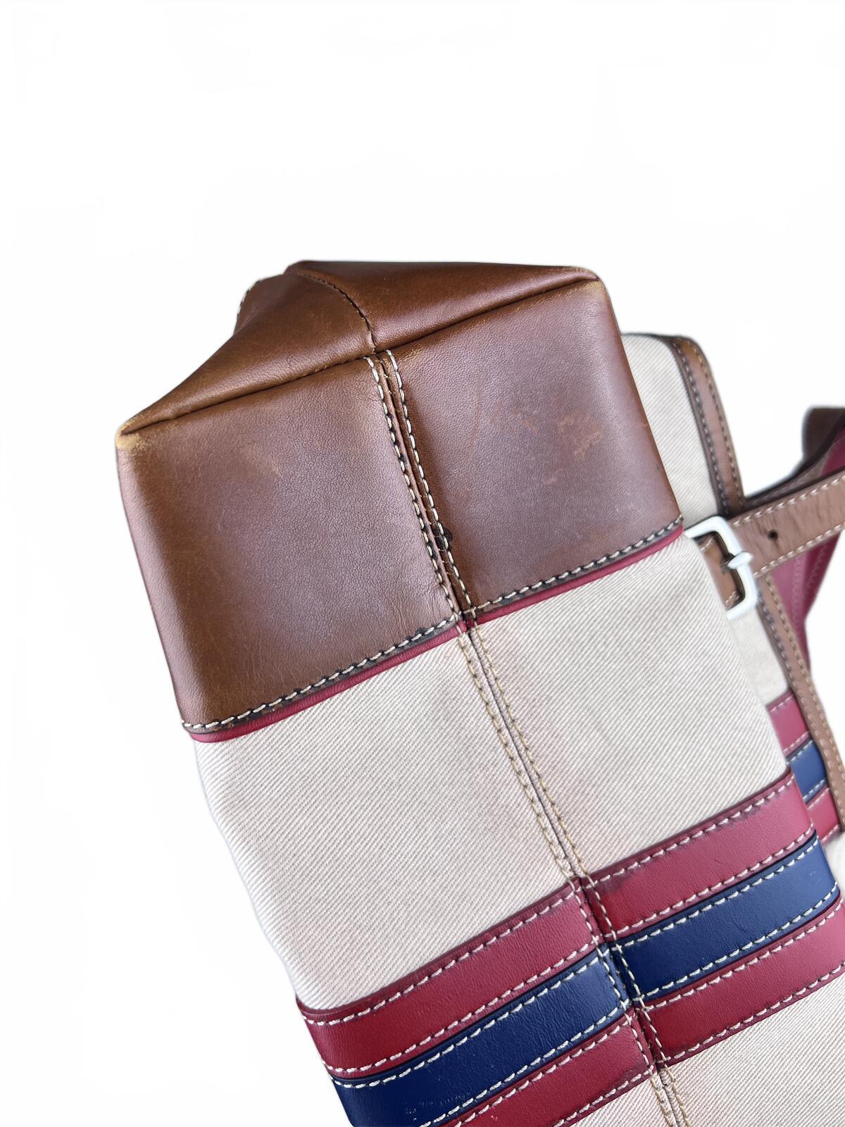 Coach Hampton Canvas Stripe Leather Tote Bag