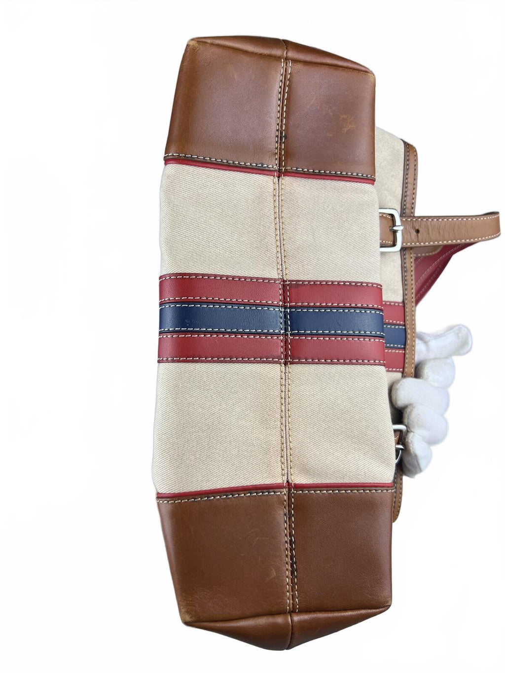 Coach Hampton Canvas Stripe Leather Tote Bag