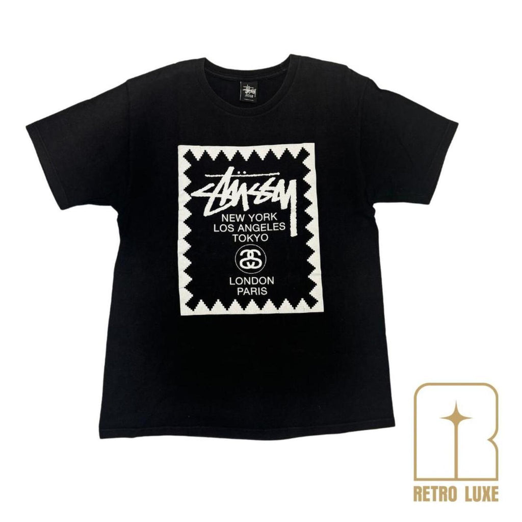 🔓 Unlock Time Style with this Black Stussy Double-sided Logo Print T-shirt.