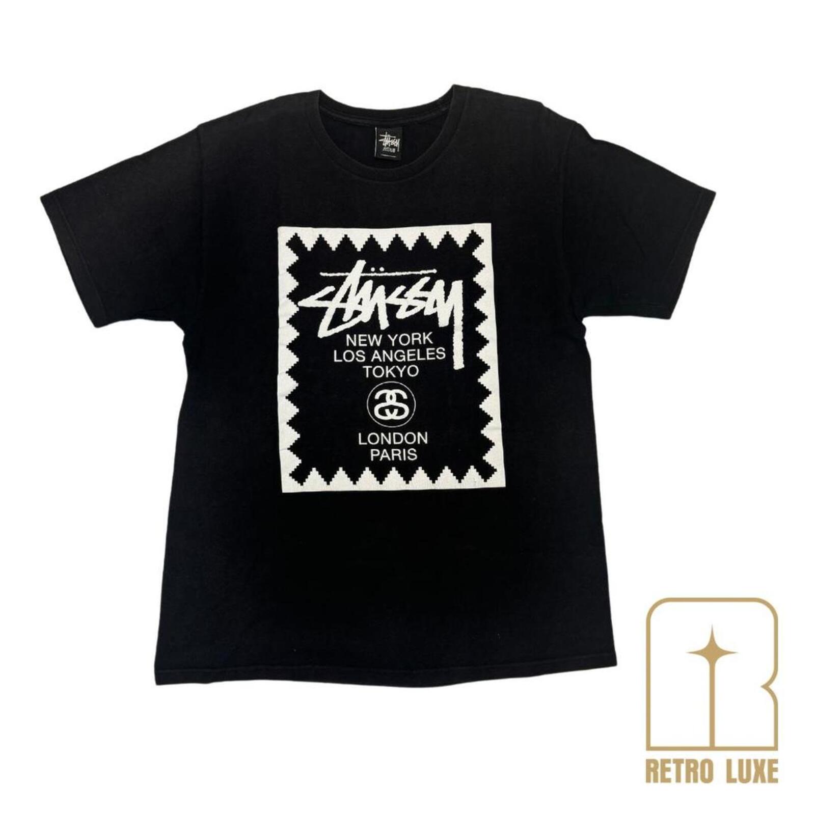🔓 Unlock Time Style with this Black Stussy Double-sided Logo Print T-shirt.