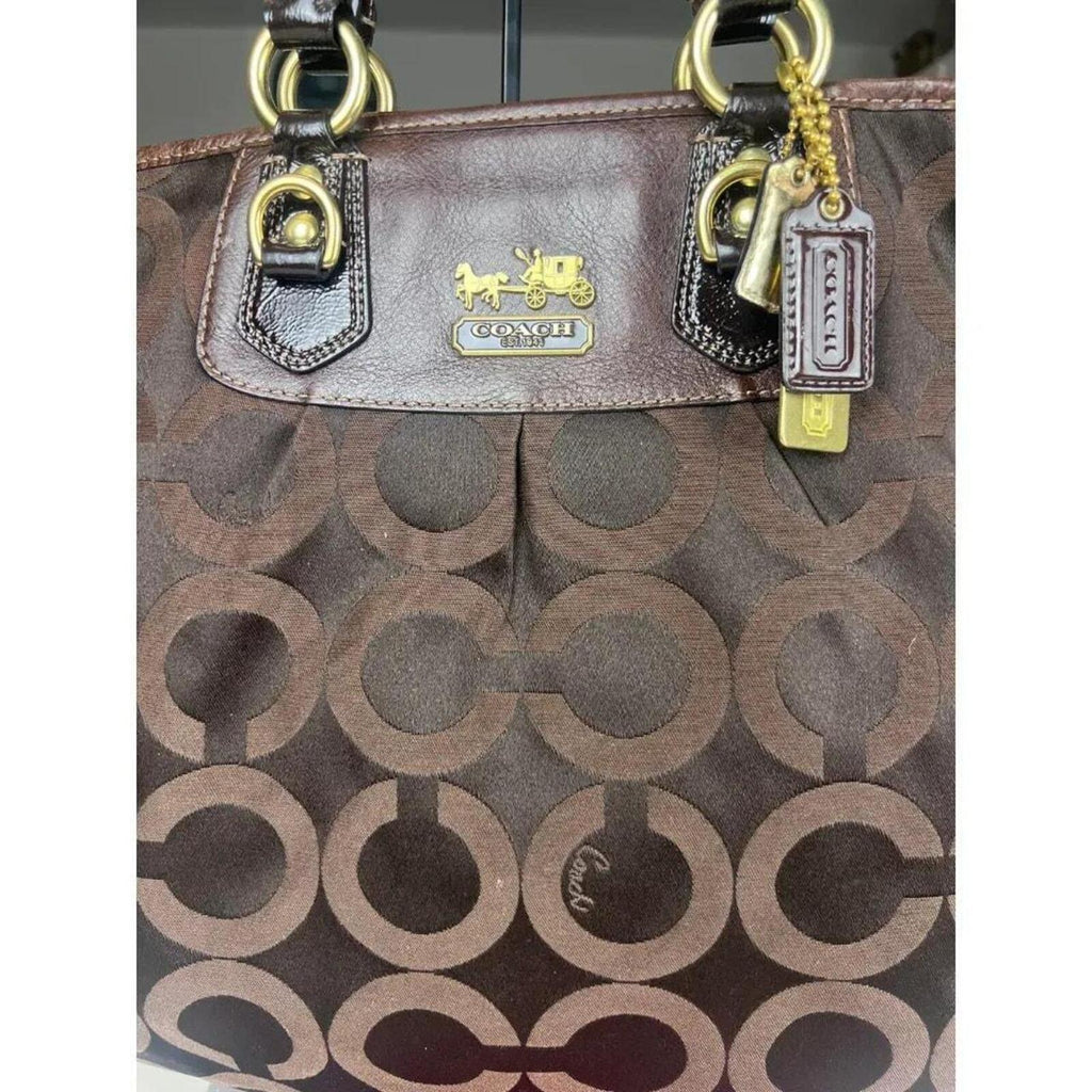 A Coach Julianne Tote Satchel in brown canvas and leather