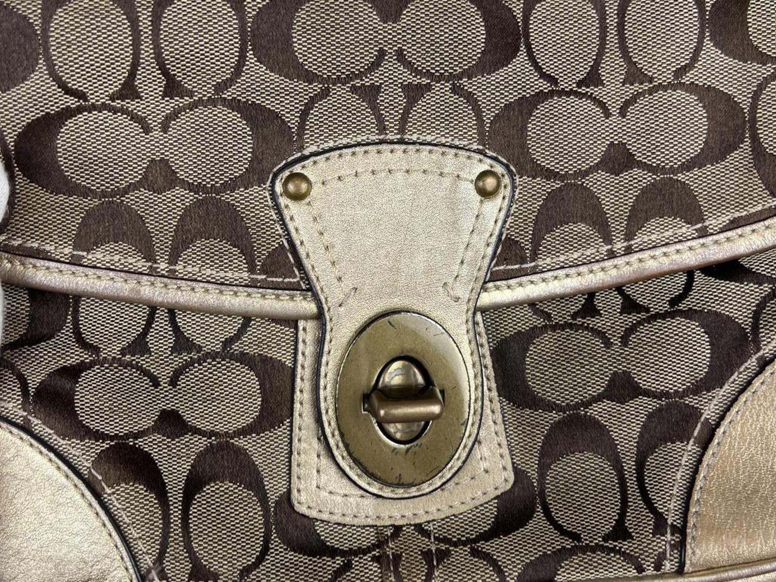Coach Monogram Canvas Shouler Bag Gold Leather Trim