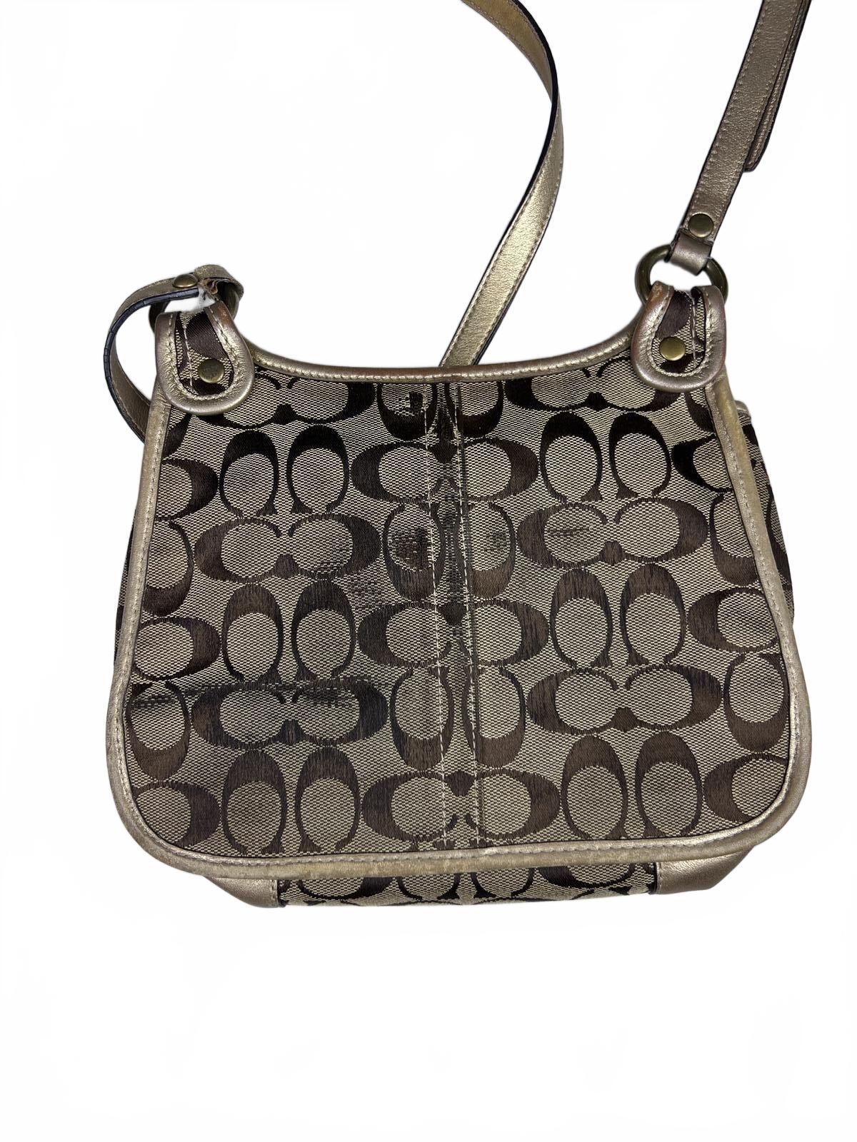 Coach Monogram Canvas Shouler Bag Gold Leather Trim
